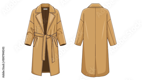 Elegant Tan Trench Coat Fashion Illustration Front and Back View with Belt