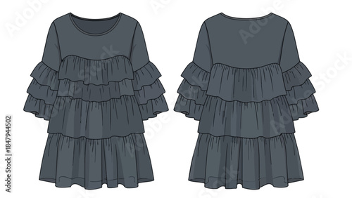 Chic Ruffled Dress Design Front and Back View in Dark Gray