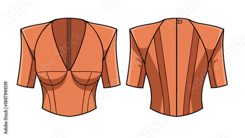 Stylized illustration of a striking orange fitted bodice with a plunging neckline and tailored sleeves showcasing front and back views