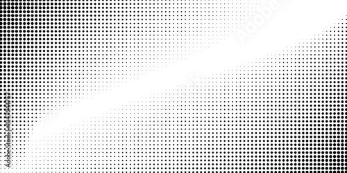 Hexagon halftone gradient texture. Abstract black grunge background. Geometric retro halftone tech overlay. Fading wavy hexagonal pattern backdrop. Vector vanishing honeycomb grunge bitmap 