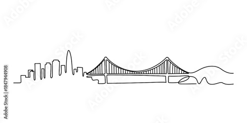 Continuous line art illustration depicting a city skyline and a large suspension bridge Vector, illustration