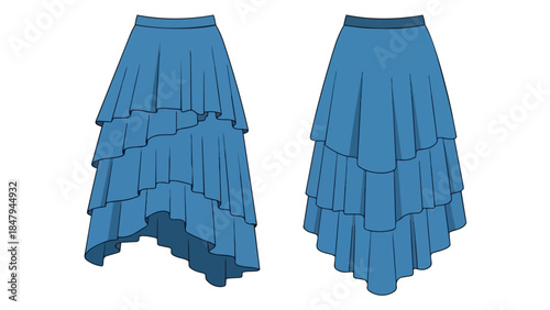 Fashionable tiered ruffled skirt illustrations showcasing asymmetric and symmetrical designs for clothing creation