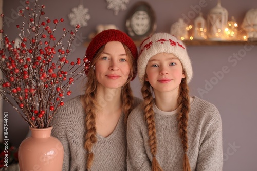 Two females wearing knit hats smile together beside a vase of red winter berries indoors