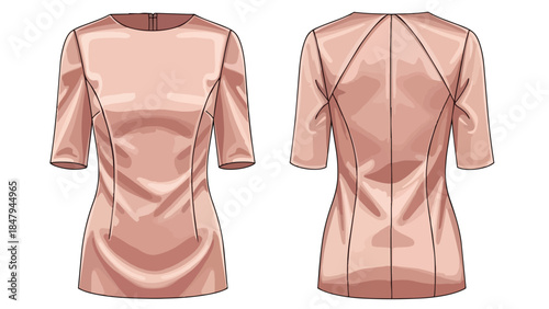 Elegant salmon pink tailored dress design featuring front and back views with meticulous seam detailing and a lustrous fabric finish