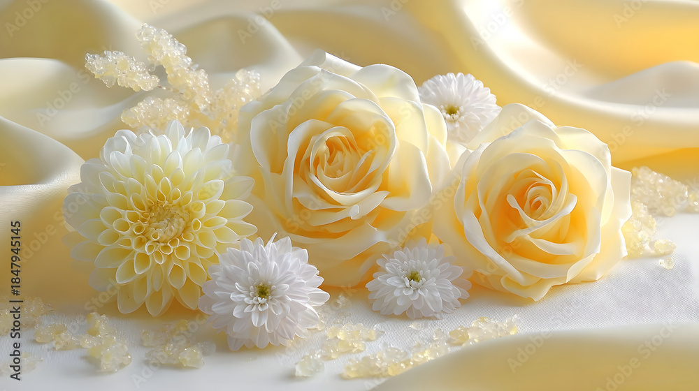 Fototapeta premium An elegant still life composition featuring soft yellow roses and a dahlia accented by small white chrysanthemums and shimmering crystalline grains resting on luxurious draped cream silk fabric