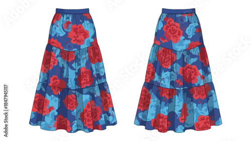 Vibrant Floral Tiered Maxi Skirt Design Featuring Bold Red and Blue Petal Motifs Against a Deep Blue Background Canvas