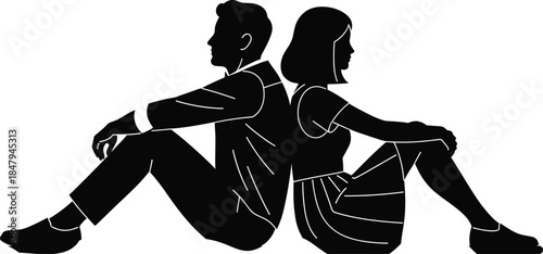 Couple silhouette, back-to-back pose, emotional distance, relationship concept, black vector, man and woman, sitting figures, contrast art, love tension, communication theme