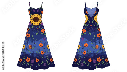 Bohemian maxi dress design with a vibrant sunflower and floral print on a deep blue background showcasing summer flair