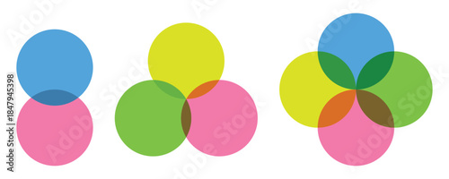 Colorful Venn Diagram Set, Circle Infographic with Three, Four and Five Overlapping Elements, Vector Illustration.