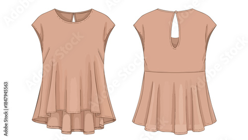 Fashion Design Sketch of a Flowy Peplum Top Showing Front and Back Views with Keyhole Detail