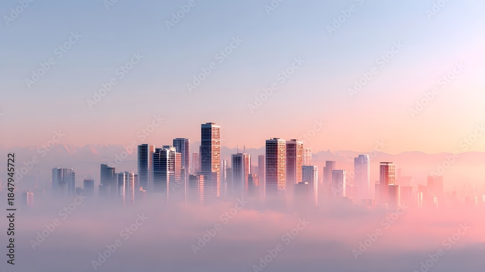 Obraz premium A breathtaking modern cityscape with towering skyscrapers rising above a thick blanket of fog or clouds during a serene sunrise showcasing vibrant dawn colors and an ethereal atmosphere