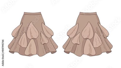 Elegant petal-shaped tiered skirt design illustration with a soft blush hue and flowing silhouette