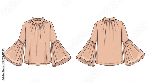 Elegant Bell Sleeve Blouse Fashion Illustration with Ruffled High Neckline in a Soft Peach Hue Offering a Sophisticated Apparel Design Concept