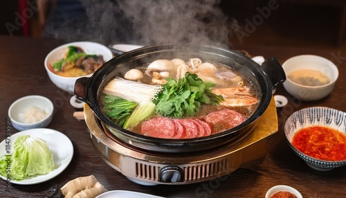 hot sukiyaki hotpot on table