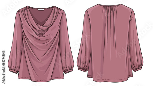 Elegant Rose Colored Blouse with Cowl Neck and Blouson Sleeves Fashion Design Illustration Front and Back View