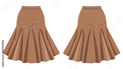 Stylized illustration of two elegant flared brown skirts with intricate pleating and a wavy hem detail against a white background