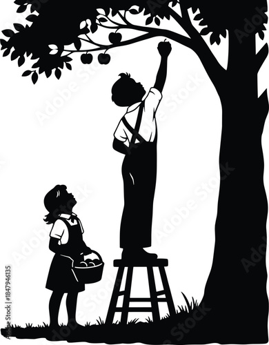 Children, apple, picking, tree, harvest, silhouette, teamwork, ladder, basket, orchard, autumn, outdoor, nature, black, white, seasonal, cooperation, childhood, fruit, illustration