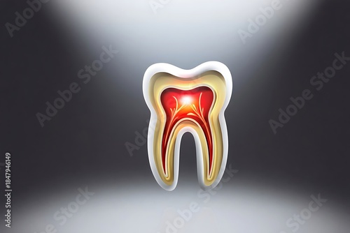 Glowing Tooth Cross-Section Showing Inflamed Dental Pulp on Dark Gradient Background