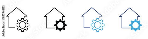 Home Configuration Icon, House Outline with Cogwheel, Smart Home Settings and Control Concept, Vector Illustration