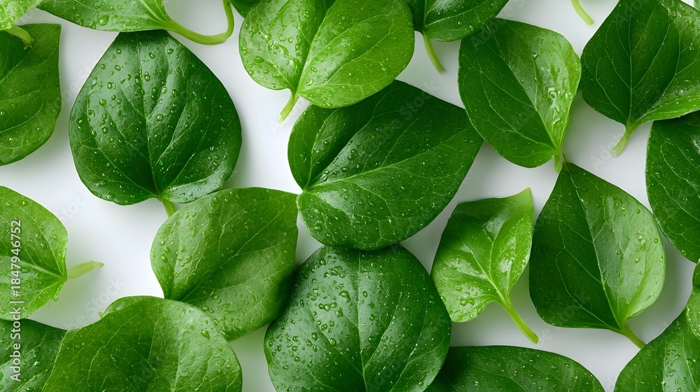 Fototapeta premium Vibrant green leaves glistening with fresh water droplets offer a close up view of natural texture health and botanical detail