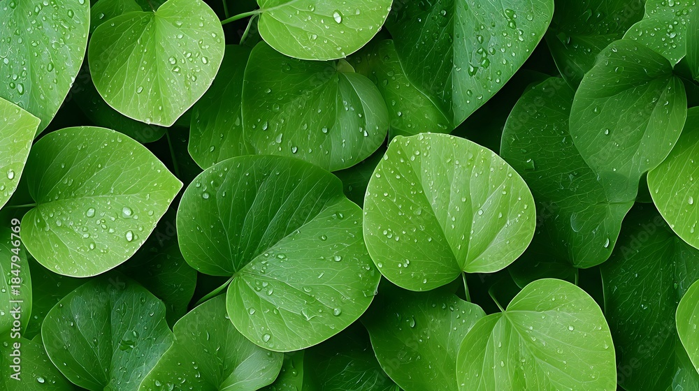 Naklejka premium ro photography capturing the intricate details of lush green foliage where fresh water droplets rest on the leaf surface showcasing nature s delicate beauty after rainfall