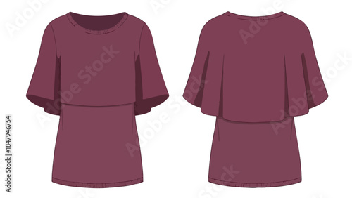 Fashion garment design showcasing a layered tunic with flared sleeves front and back view