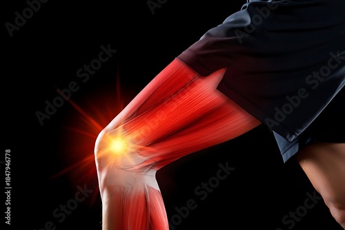 Muscular Knee Injury Visualization with Inflamed Joint Highlight on Black Background