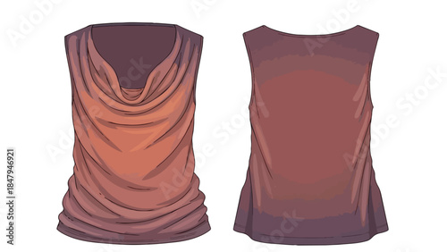 Sleeveless cowl neck top fashion illustration front and back view with ombre effect in warm earth tones perfect for apparel design and style guides