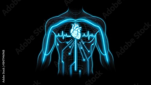 Neon Blue Digital Human Torso with Glowing Heart and ECG Lines on Black Background