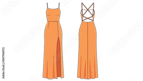 Elegant strappy maxi dress design featuring a high slit and intricate criss-cross back detail, showcasing modern fashion aesthetics