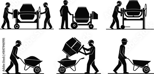 Construction worker silhouette illustration showing cement mixing, wheelbarrow handling, building labor tasks and industrial work activity in simple black vector style