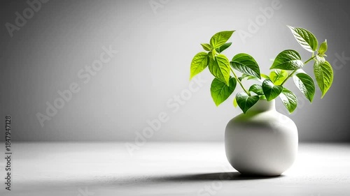 A minimalist white vase with vibrant green leaves, set against a softly lit background, creating a serene ambiance