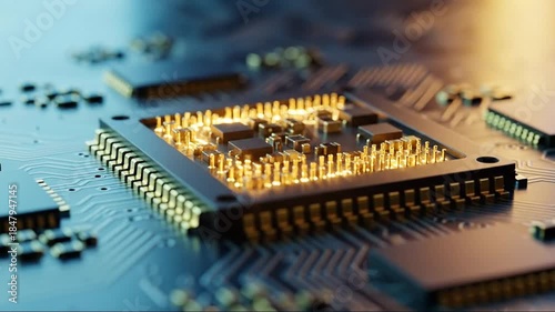 Close-up view of a microprocessor on a circuit board with glowing solder points and electronic