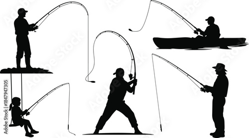 Set of fisherman silhouettes holding rods and catching fish, men and child angling on boat, vector illustration isolated on white background for sport design.