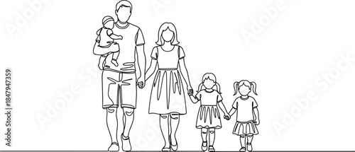 Minimalist continuous line family walking illustration showing parents and children together, simple modern vector art representing unity, bonding, and togetherness