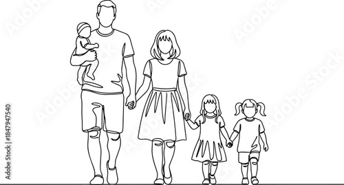 Minimalist family walking line art illustration showing parents and children together, simple continuous line vector depicting unity, love, and togetherness