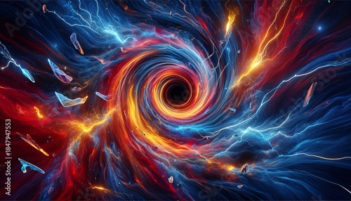 Dynamic cosmic vortex with swirling red and blue energy streaks and a central black hole, surrounded by abstract particles.