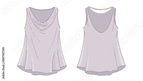 Elegant draped neckline tank top fashion sketch showcasing front and back views of a lilac sleeveless garment for design inspiration