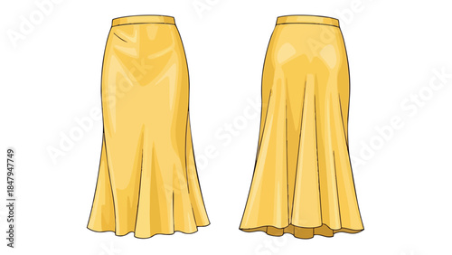 Elegant Yellow Trumpet Skirt Design Illustration Showcasing Front and Back Views for Fashion Design and Apparel Creation