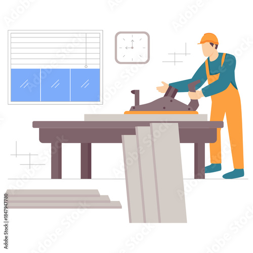 carpenter working indoors shaping wooden boards using hand plane concept, Crafting Quality vector design, construction workers banner, Skilled labor scene, Civil Engineering Works stock illustration
