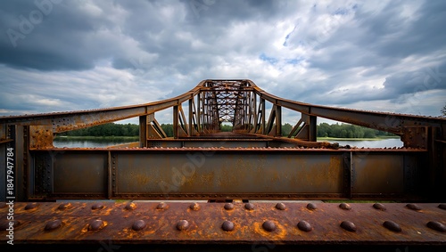 Rusty Steel Truss Bridge Perspective Over River Under Dramatic Storm Clouds