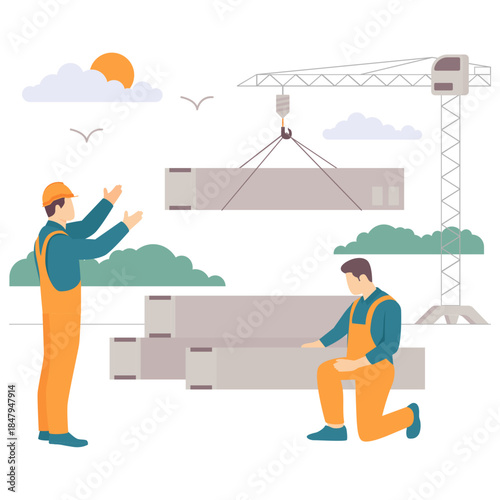 Structural Assembly in Progress concept, Prefabricated Elements Installation vector design, construction workers banner, Skilled labor scene, Civil Engineering Works stock illustration