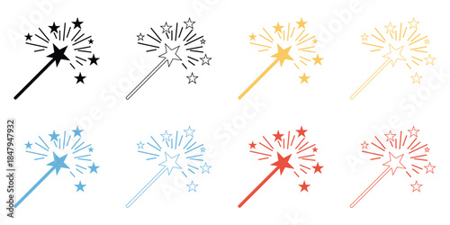 Magic Wand Icon Set, Sparkling Stars and Wizard Stick, Vector Illustration.