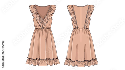 A detailed illustration of a charming ruffled V-neck dress presented from front and back views showcasing its elegant design elements and fabric flow