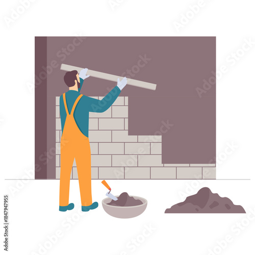 Wall Construction and Alignment concept, Bricklaying with Precision vector design, construction work