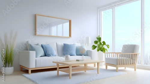 Bright and airy minimalist living room interior featuring a comfortable white sofa light wood coffee table blue cushions wooden armchair and large bathed in natural light for a serene ambiance