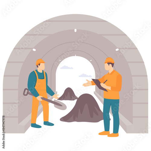 Underground Tunnel Construction Inspection concept,Workforce Managing Subsurface Infrastructure vector design, construction workers banner, Skilled labor scene, Civil Engineering Works  illustration