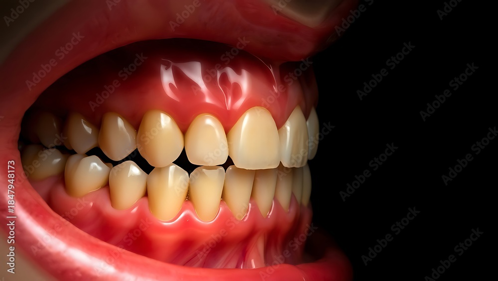 Naklejka premium Detailed Side View of Human Teeth and Gums Showing Dental Alignment and Oral Health Anatomy