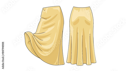 Artistic rendering of a flowing pale yellow skirt showcasing its elegant drape and silhouette from two distinct perspectives