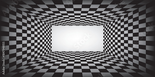 Chess perspective room background. Black and white chess board perspective room texture. Chess board pattern surface. Fading and disappearing chess board background. Abstract vector illustration.